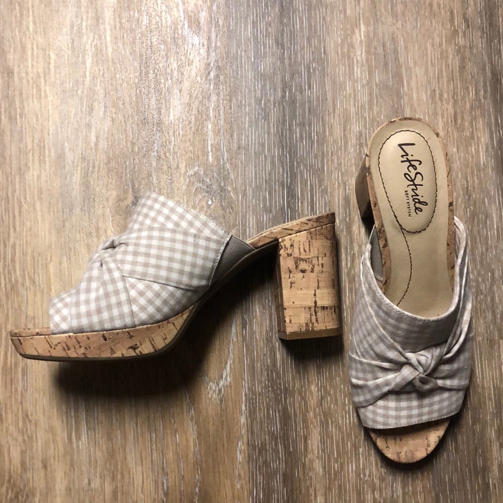Gingham Block Heel Cork Sandal
